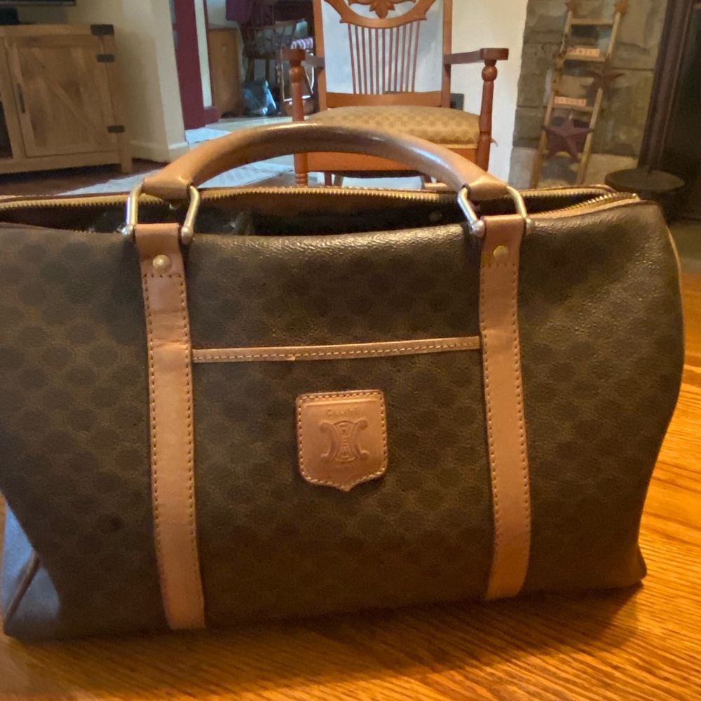 Celine Paris Brown Macadam PVC lLeather handles and trim Boston Bag M13